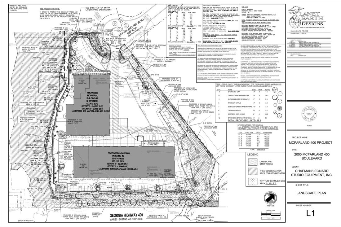 Commercial landscape plan showing new plantings, hardscape improvements and plant schedule