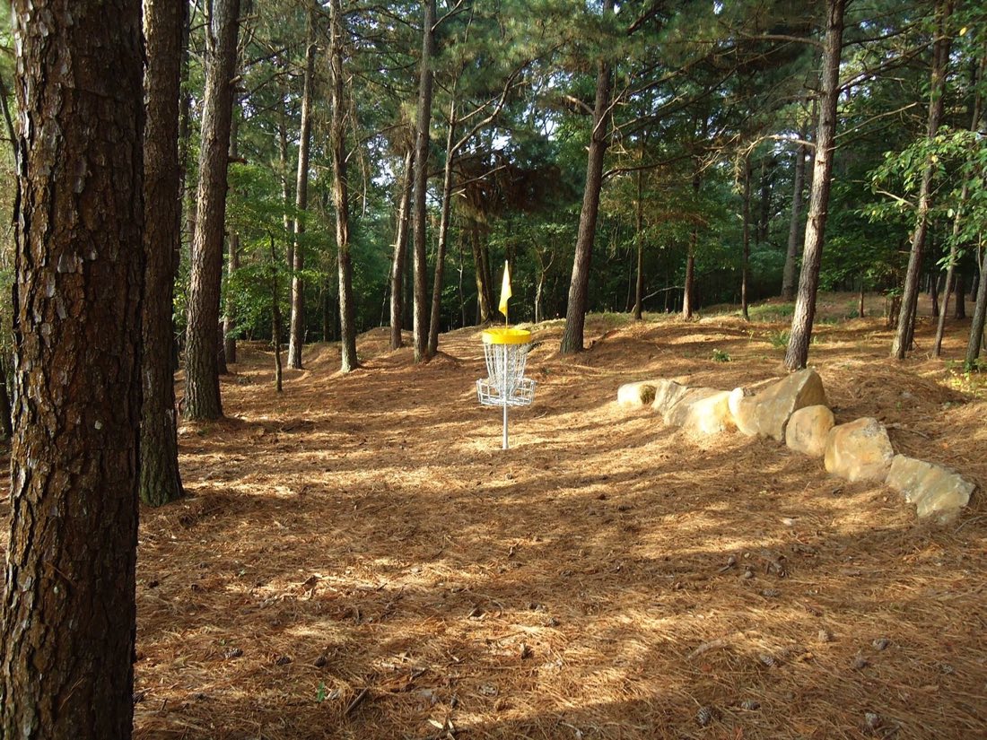 Disc golf basket set in the pines with boulder accents