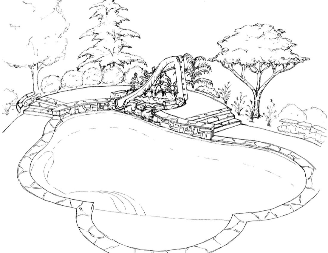 Pool area perspective sketch, drawn by hand