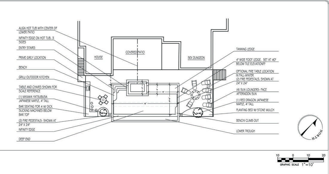 Pool area plan — layout, kitchen, and lounge zones