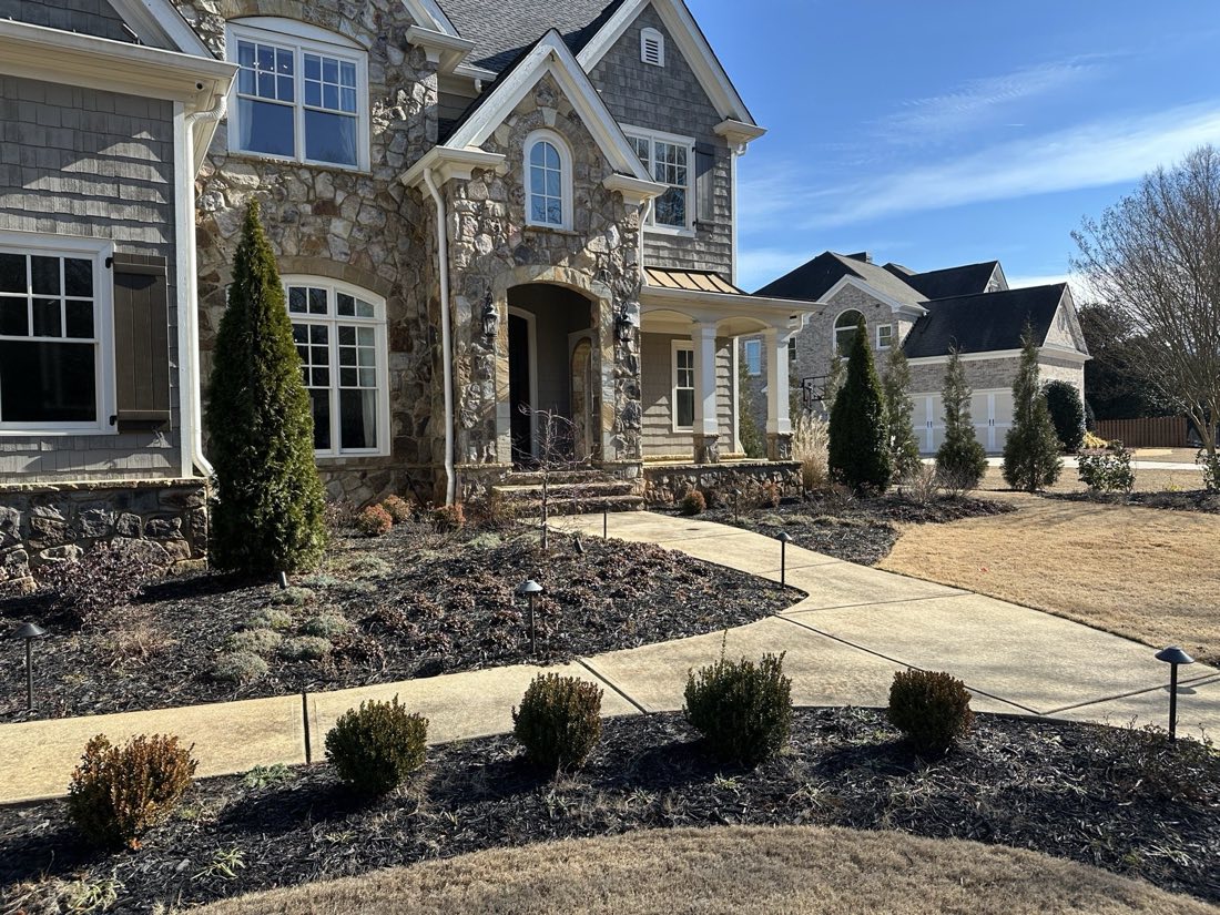 New-construction entry planting with boxwoods and path lighting