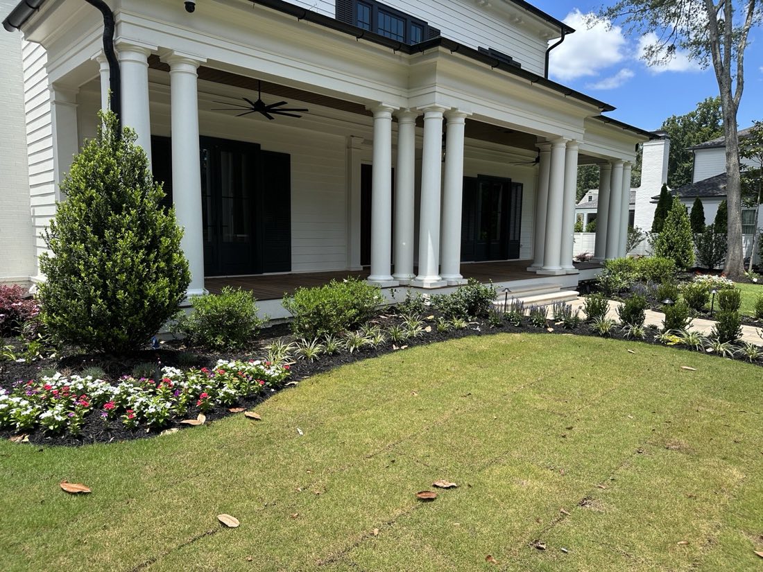 Front porch foundation planting and seasonal color border