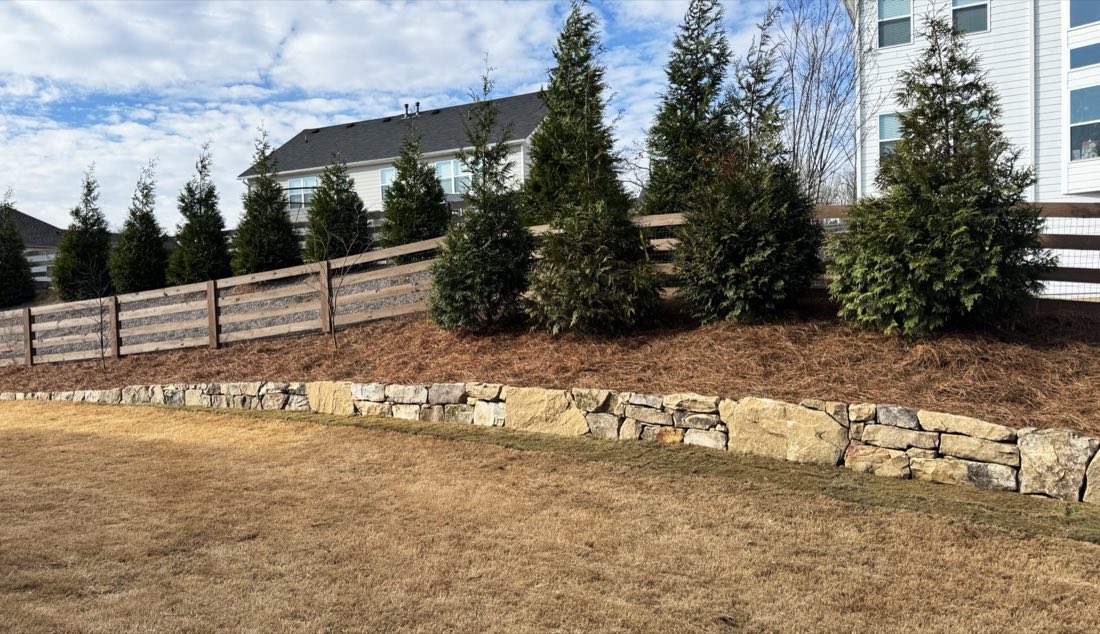 Stacked fieldstone wall with a screen of young conifers